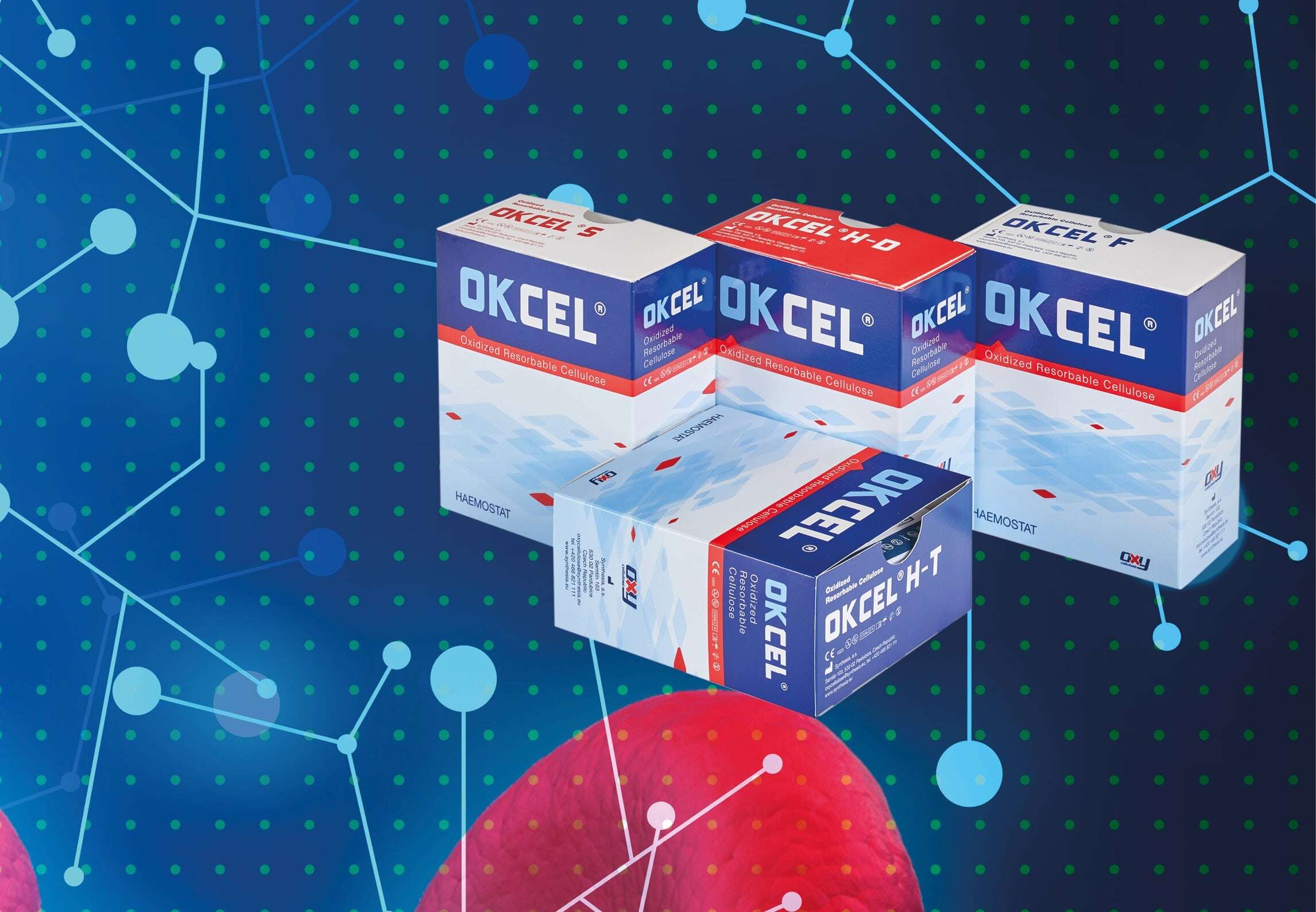 A display of Okcel haemostats in different product variations, highlighting the potential innovative benefits to surgical efficacy and operational cost-effectiveness.